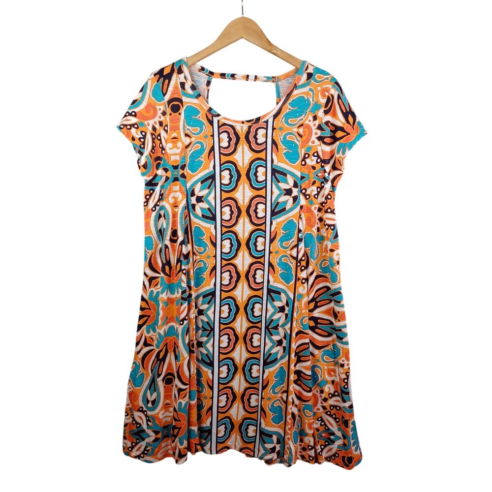 Crown & Ivy‎ Casual Knit A-line Dress L Orange Teal Short Tropical Beach Resort